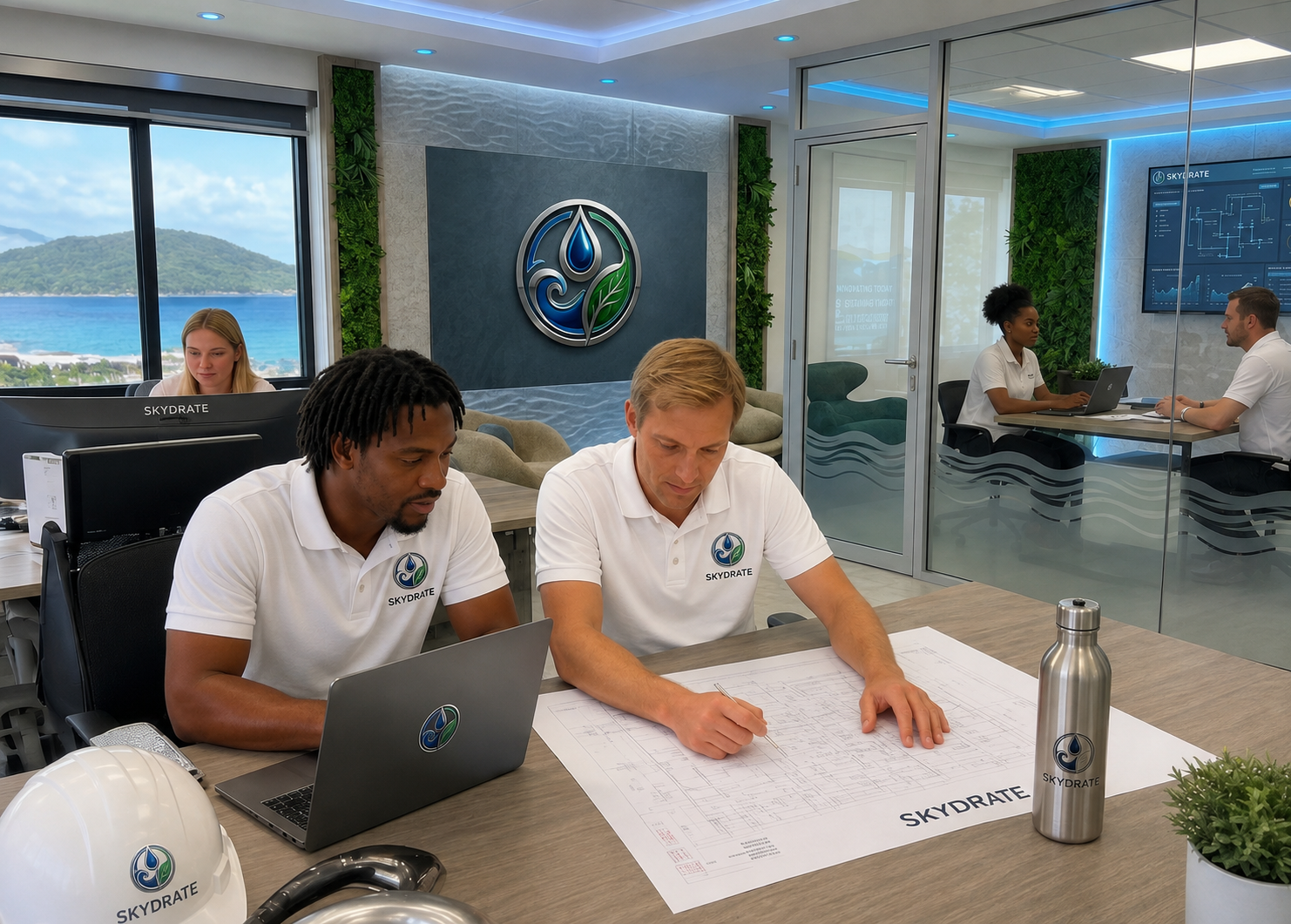 Skydrate Global professional team working in their Antigua and Barbuda office