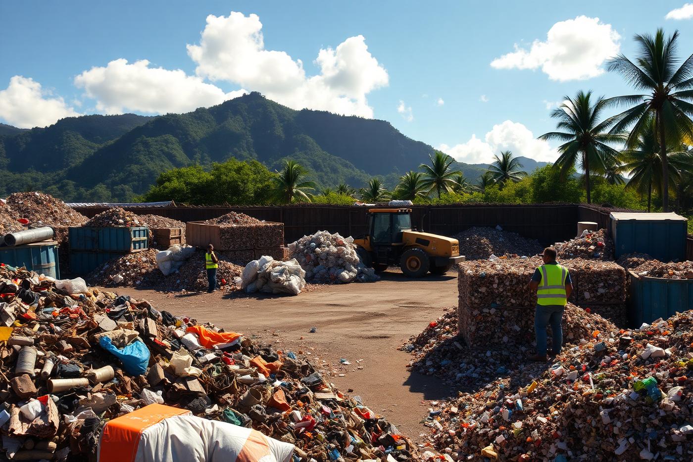 Waste management yard with sorted material awaiting processing